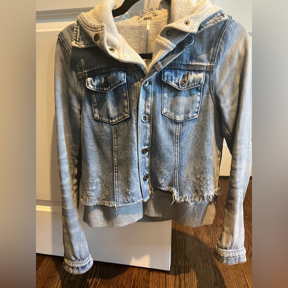 Free People Crop Denim Jacket with Sweatshirt Hood - Picture 1 of 6